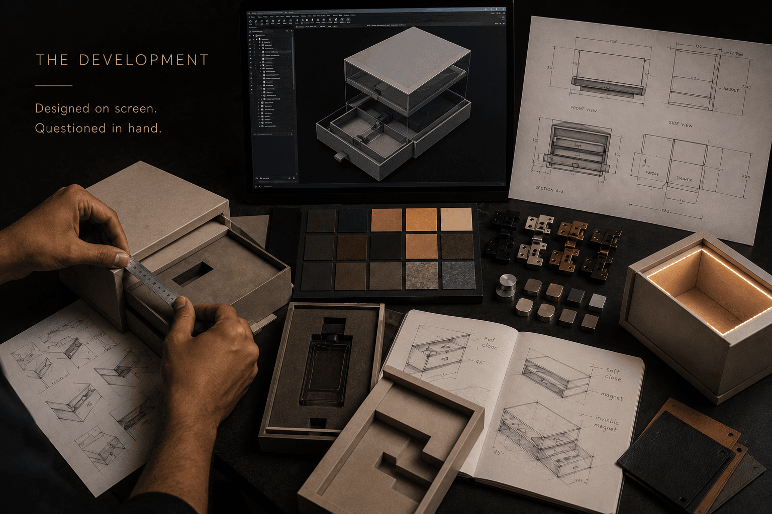 Hands measuring a prototype beside CAD models, technical drawings and hardware