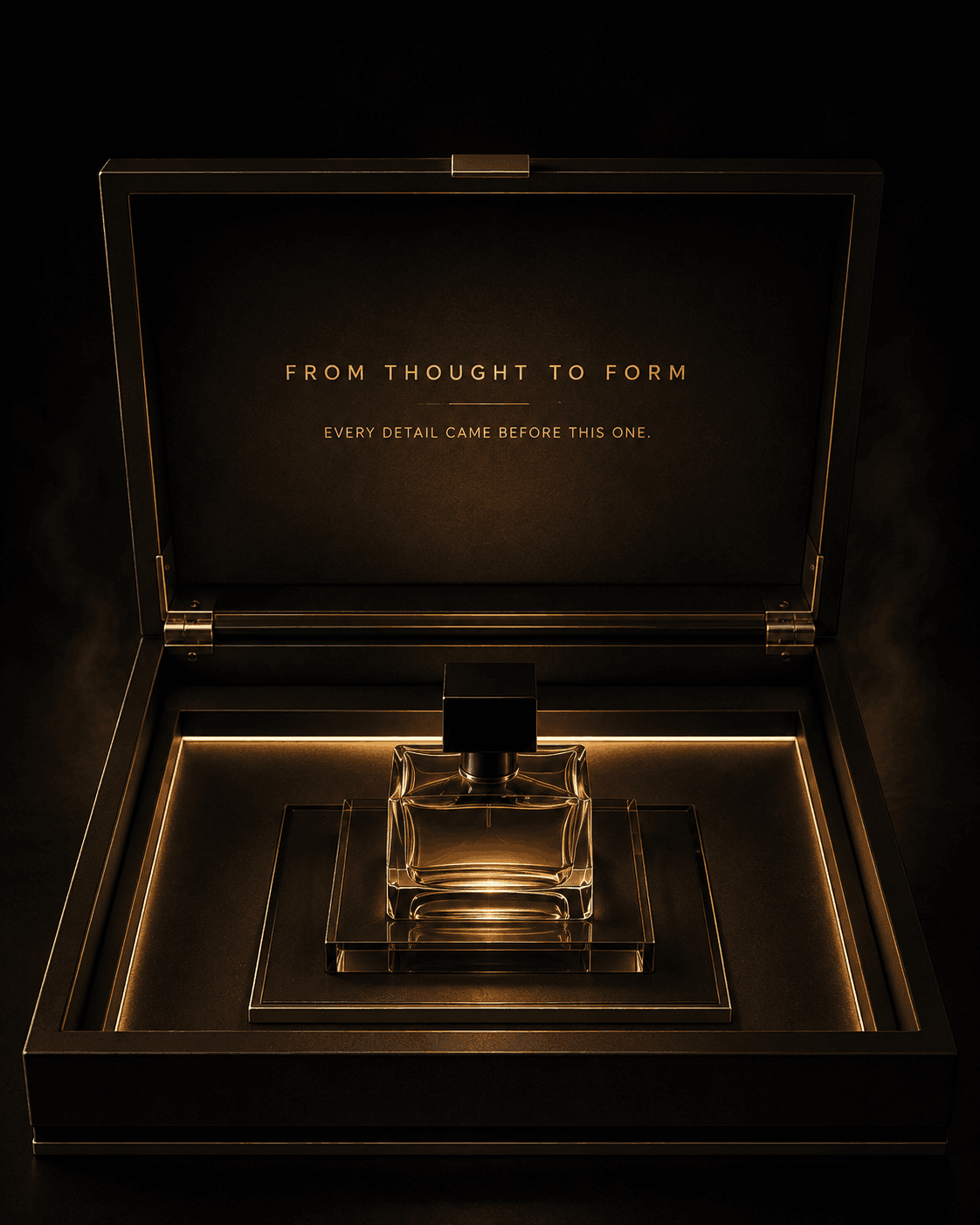 Finished perfume bottle revealed in its illuminated presentation box