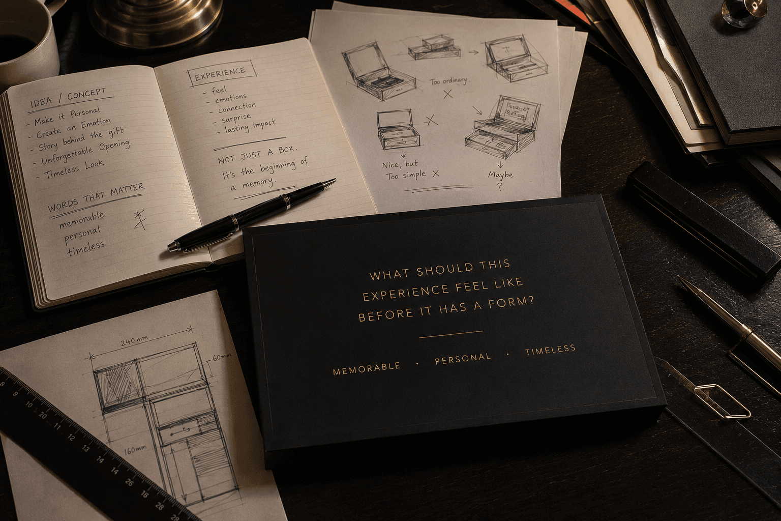 Concept notes, sketches and a black box asking what the experience should feel like