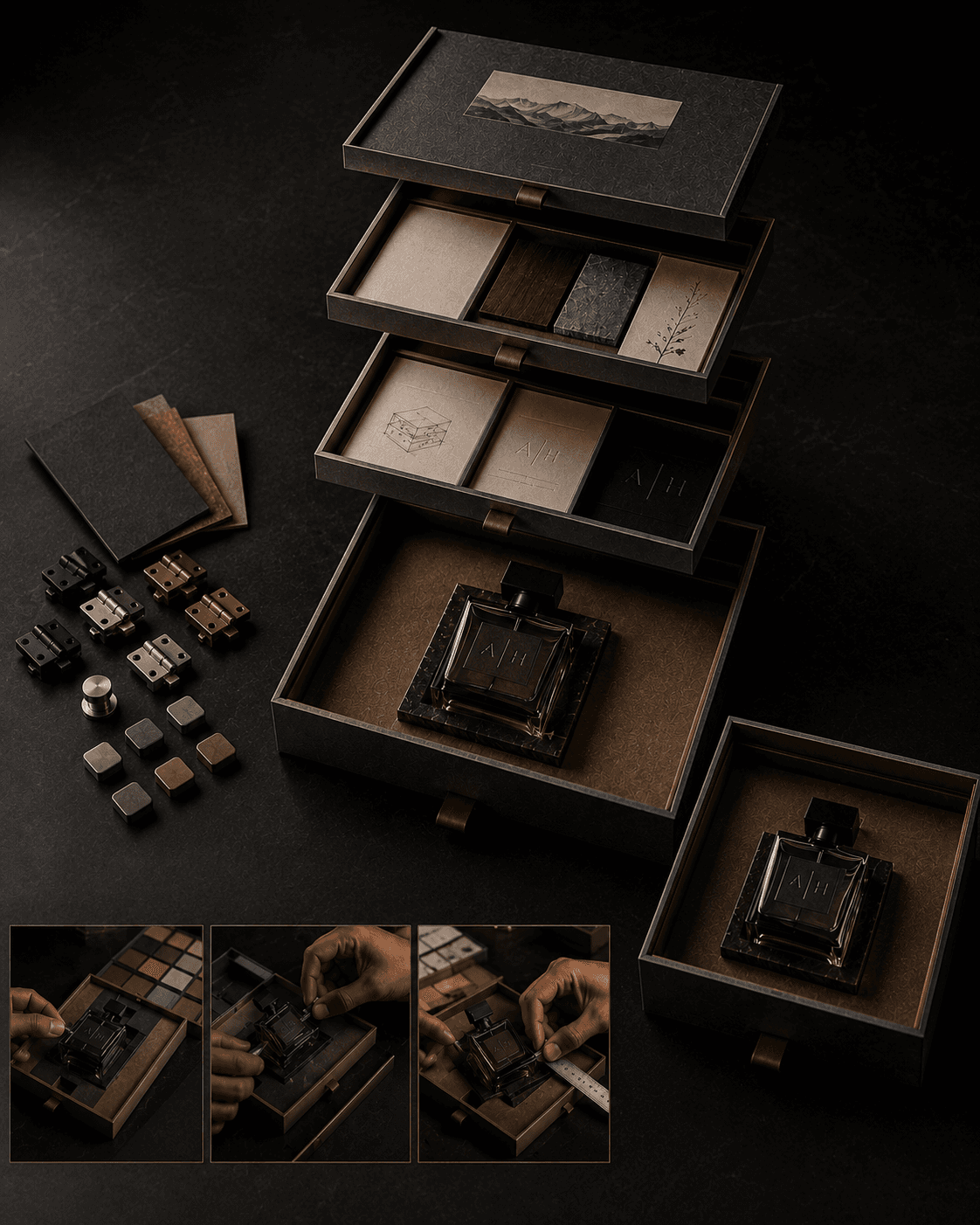 Stacked drawers with wood, stone and fabric samples beside hinges and hardware