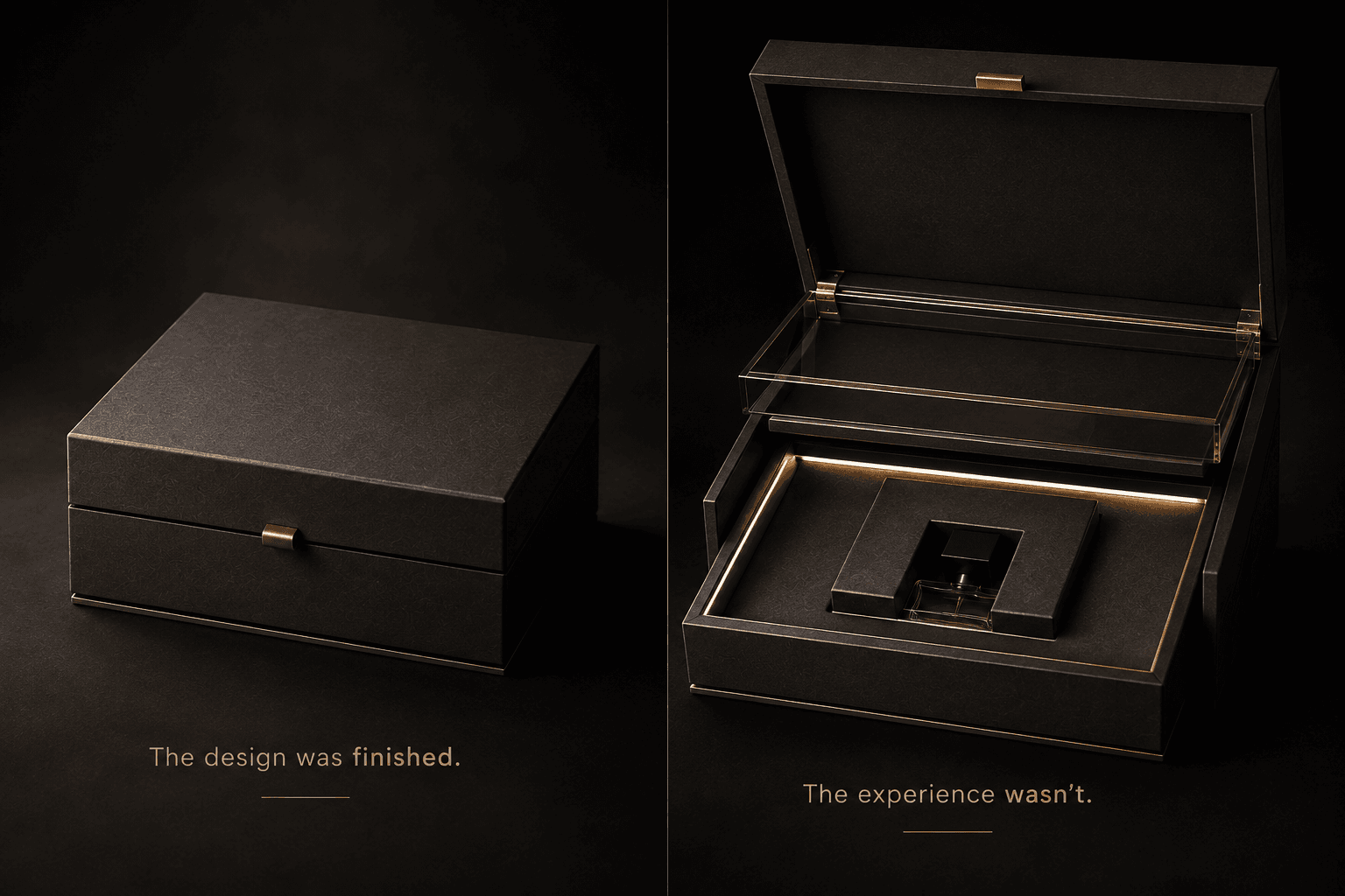 Closed presentation box beside the open illuminated packaging reveal