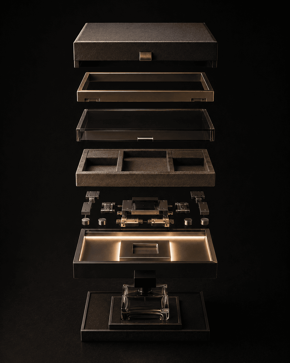 Exploded view of lid, trays, mechanisms, illuminated base and bottle assembled as one