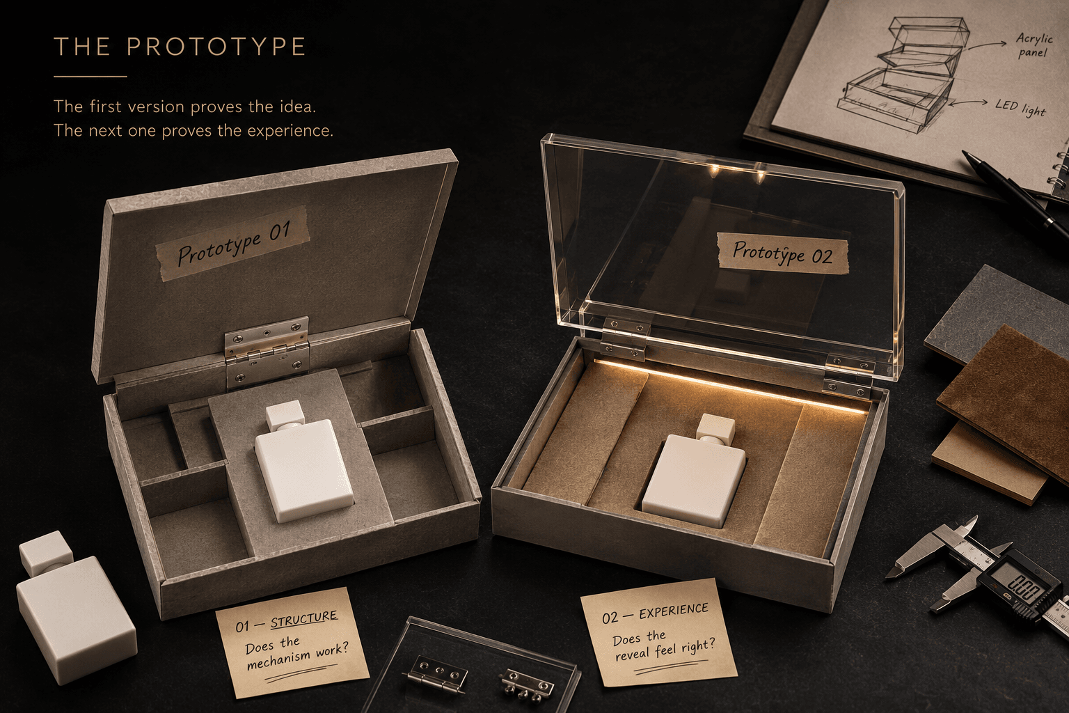 Two packaging prototypes compared for structure and reveal experience