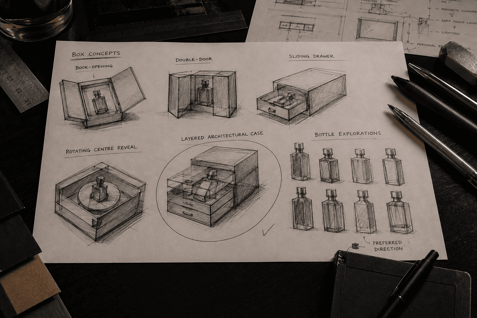 Hand-drawn box concept sketches exploring opening mechanisms and bottle forms