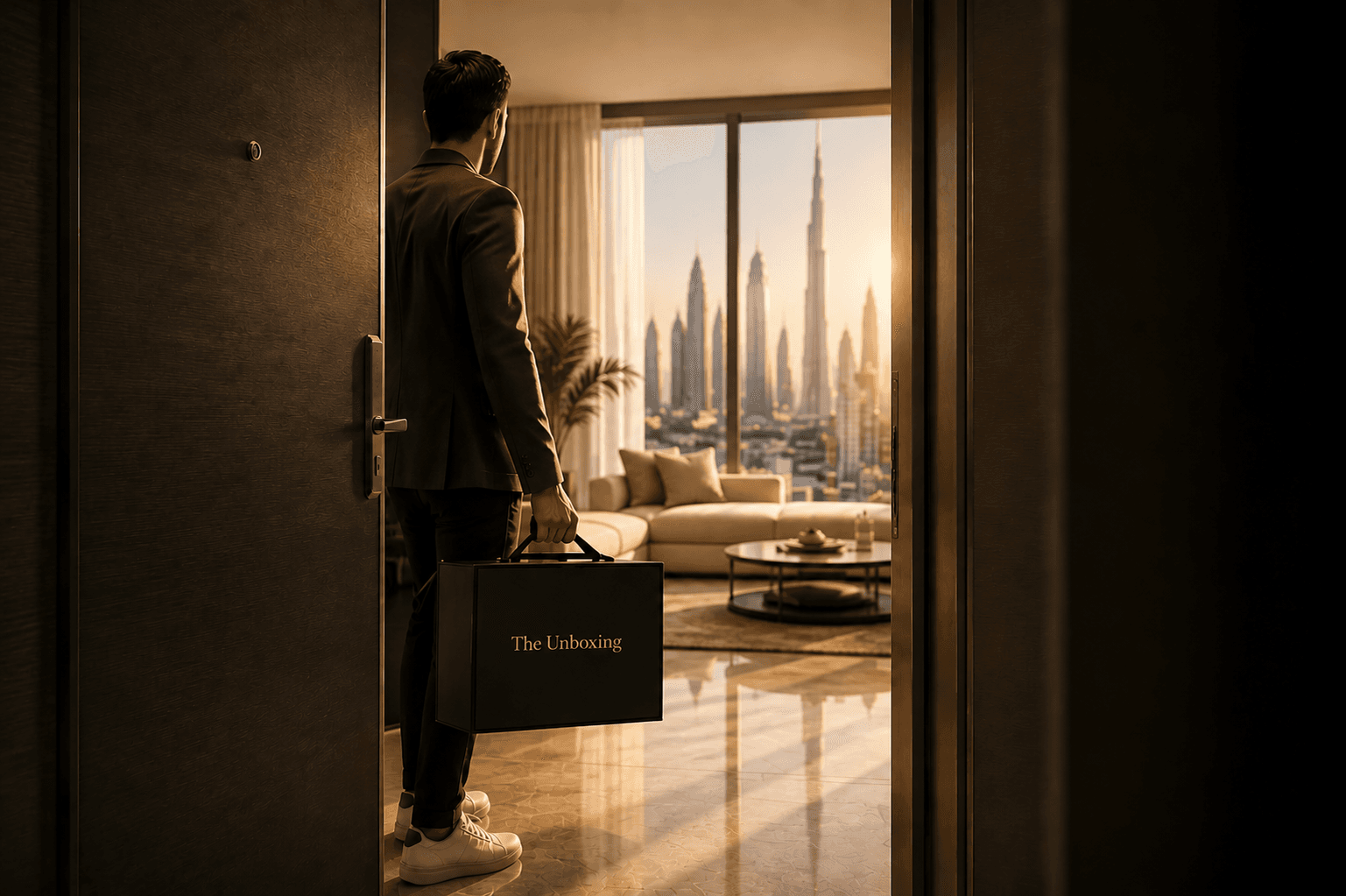 Homeowner carrying a The Unboxing welcome case into a Dubai apartment overlooking the skyline