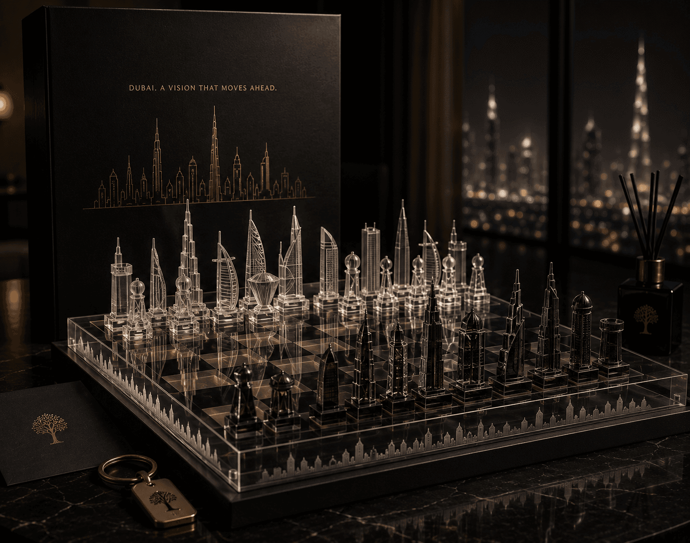 Acrylic Dubai skyline chess set displayed against the city at night