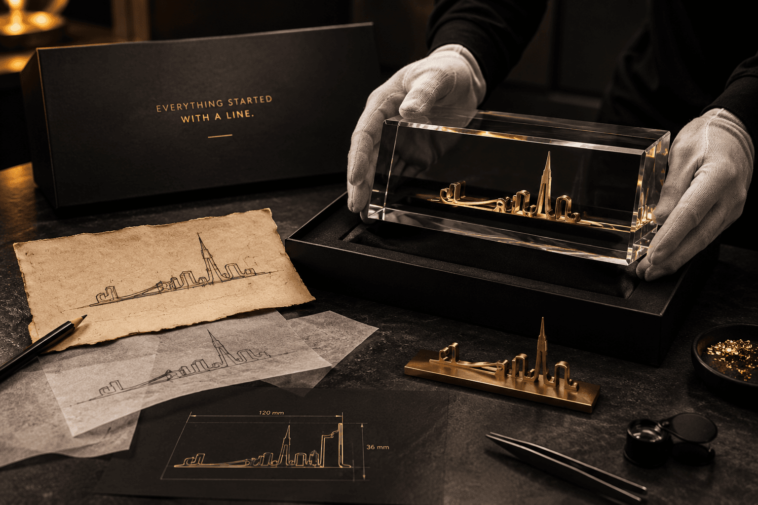 Gold skyline sculpture preserved in optical crystal beside the original sketch