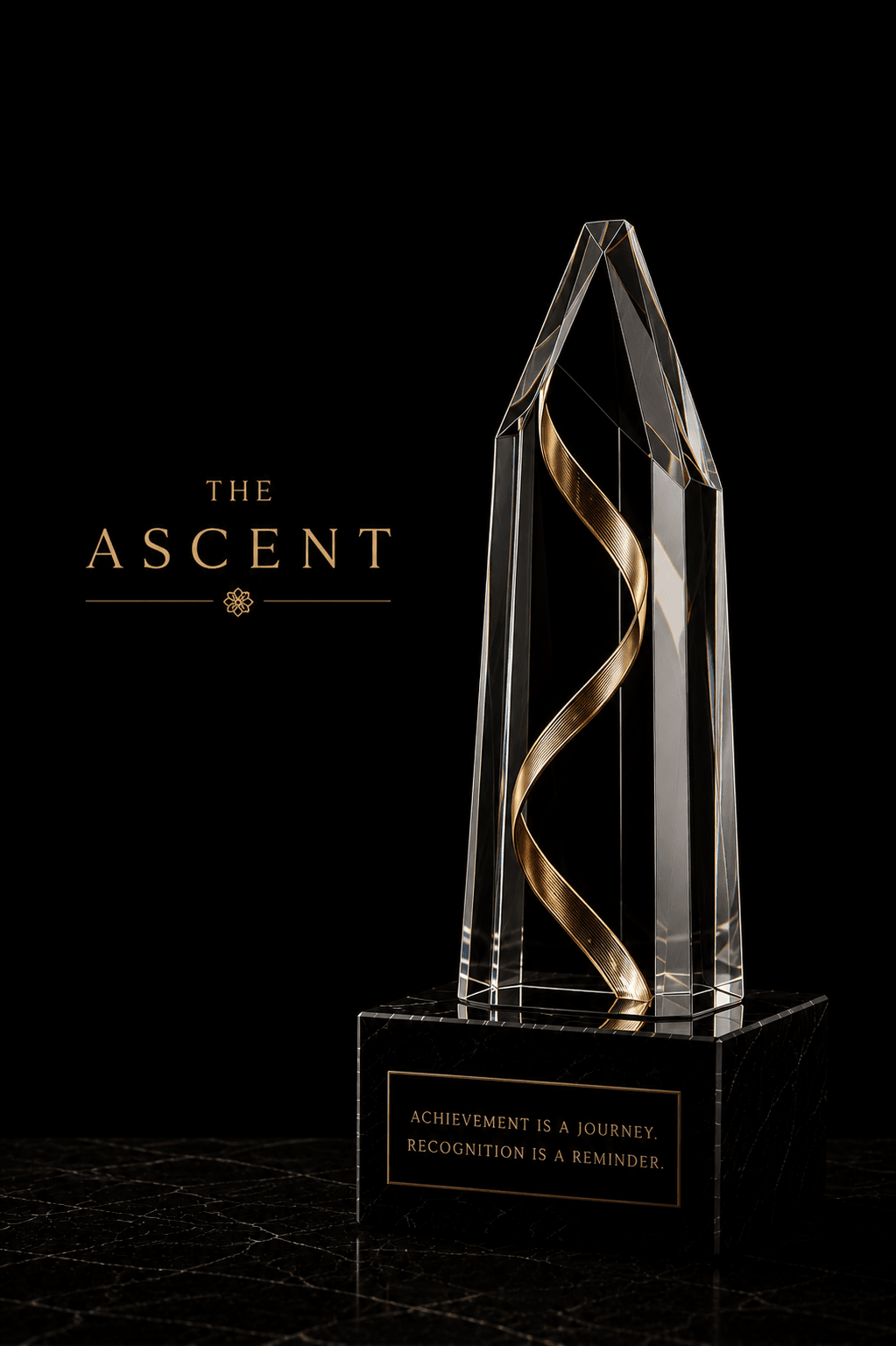 Crystal award with a rising brass line on a black stone base