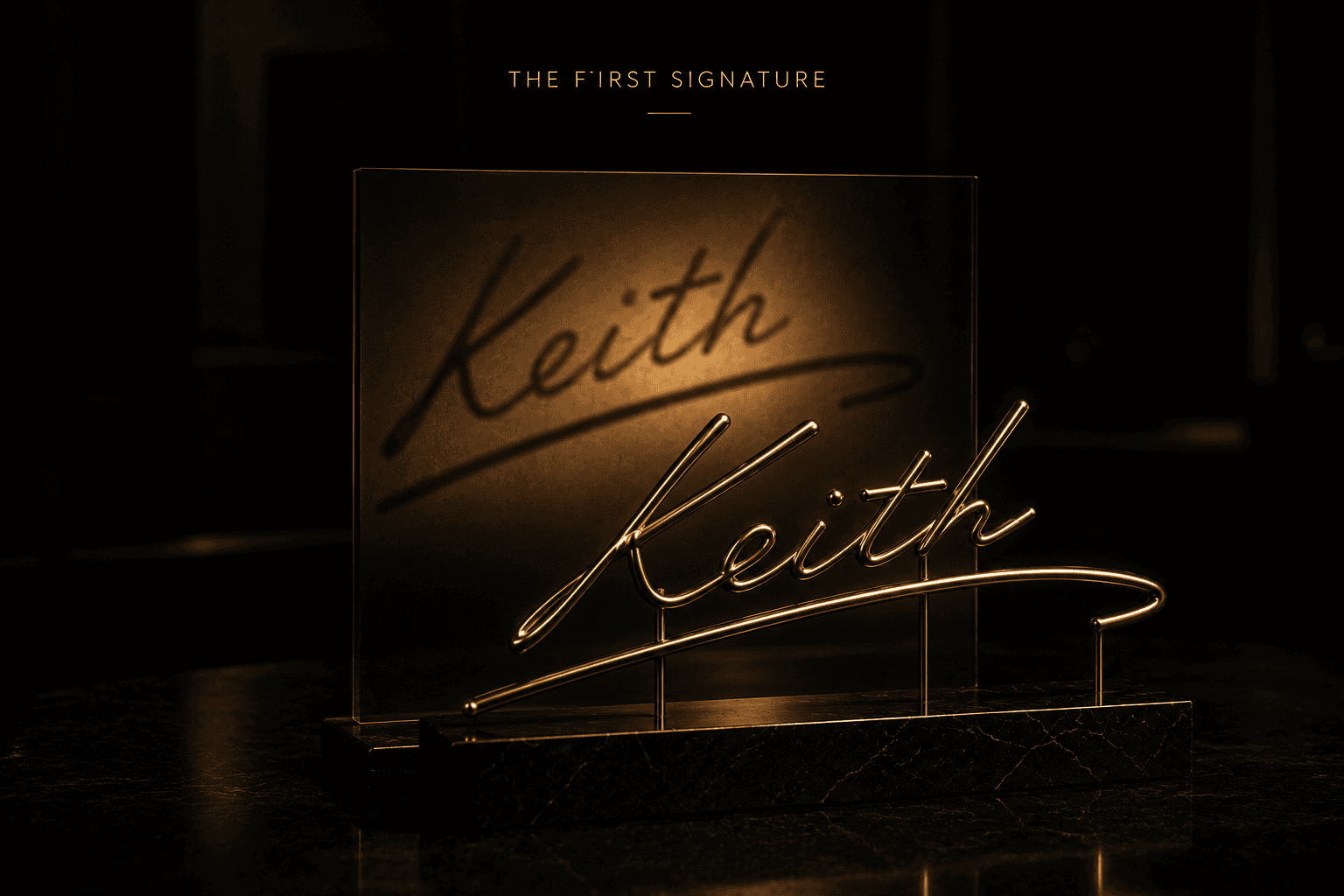 Gold signature sculpture casting its handwritten shadow onto crystal