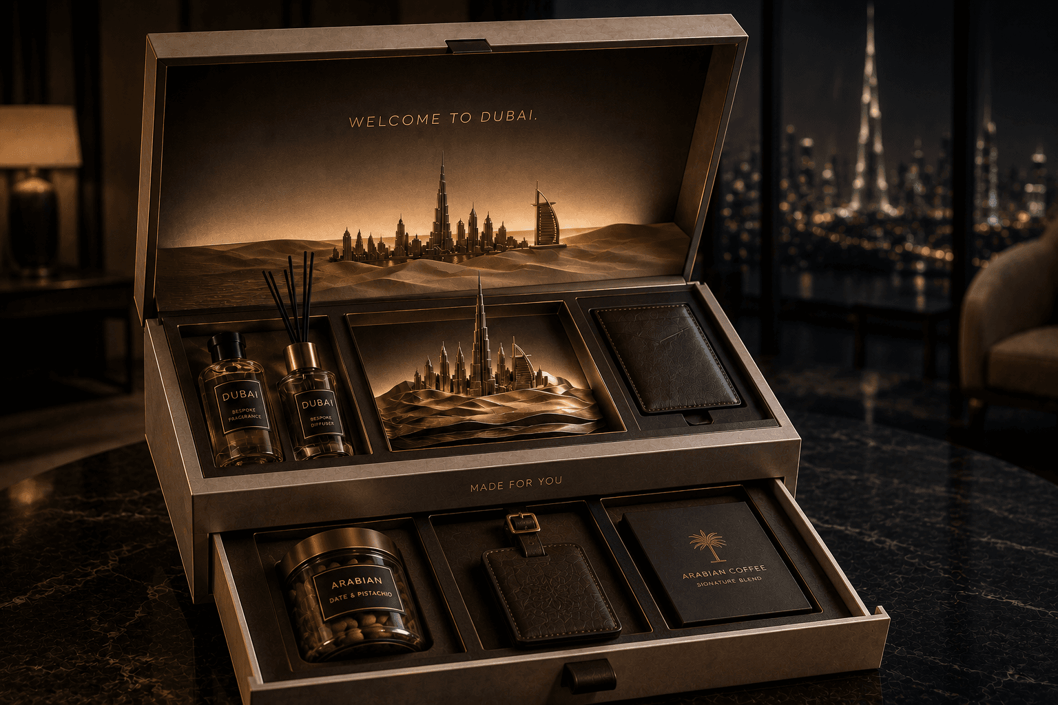 VIP hospitality welcome chest with Dubai fragrance, keepsakes and local delicacies
