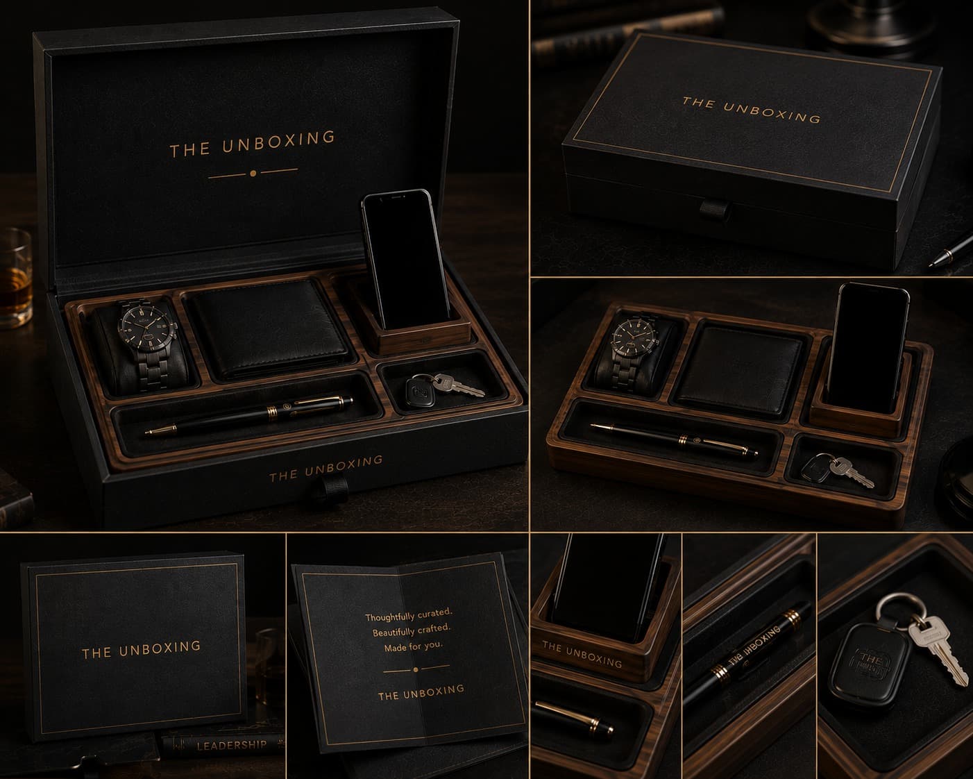 Curated executive welcome kit with watch, wallet, pen and valet tray
