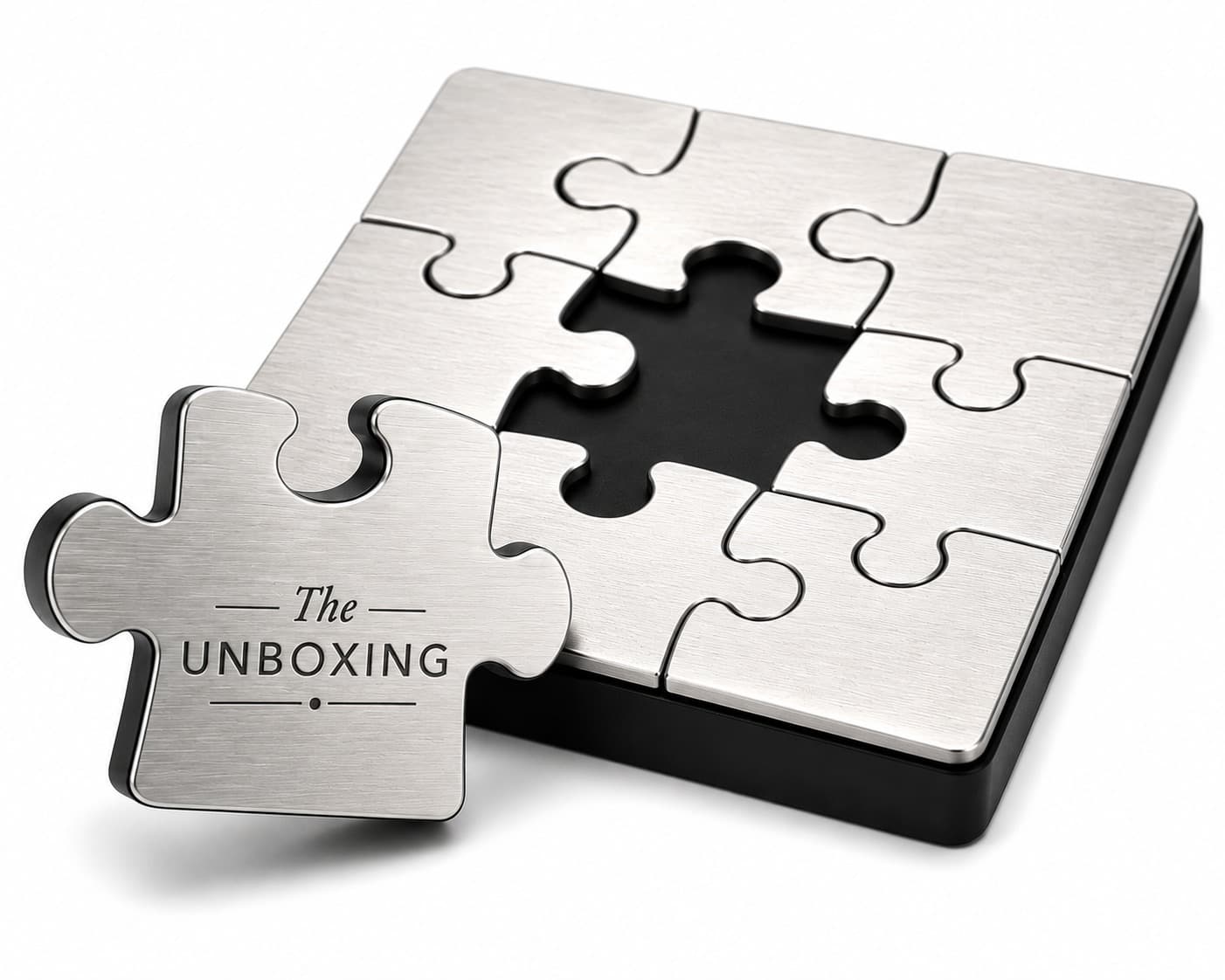 Brushed-metal puzzle piece designed as a keepable desk object
