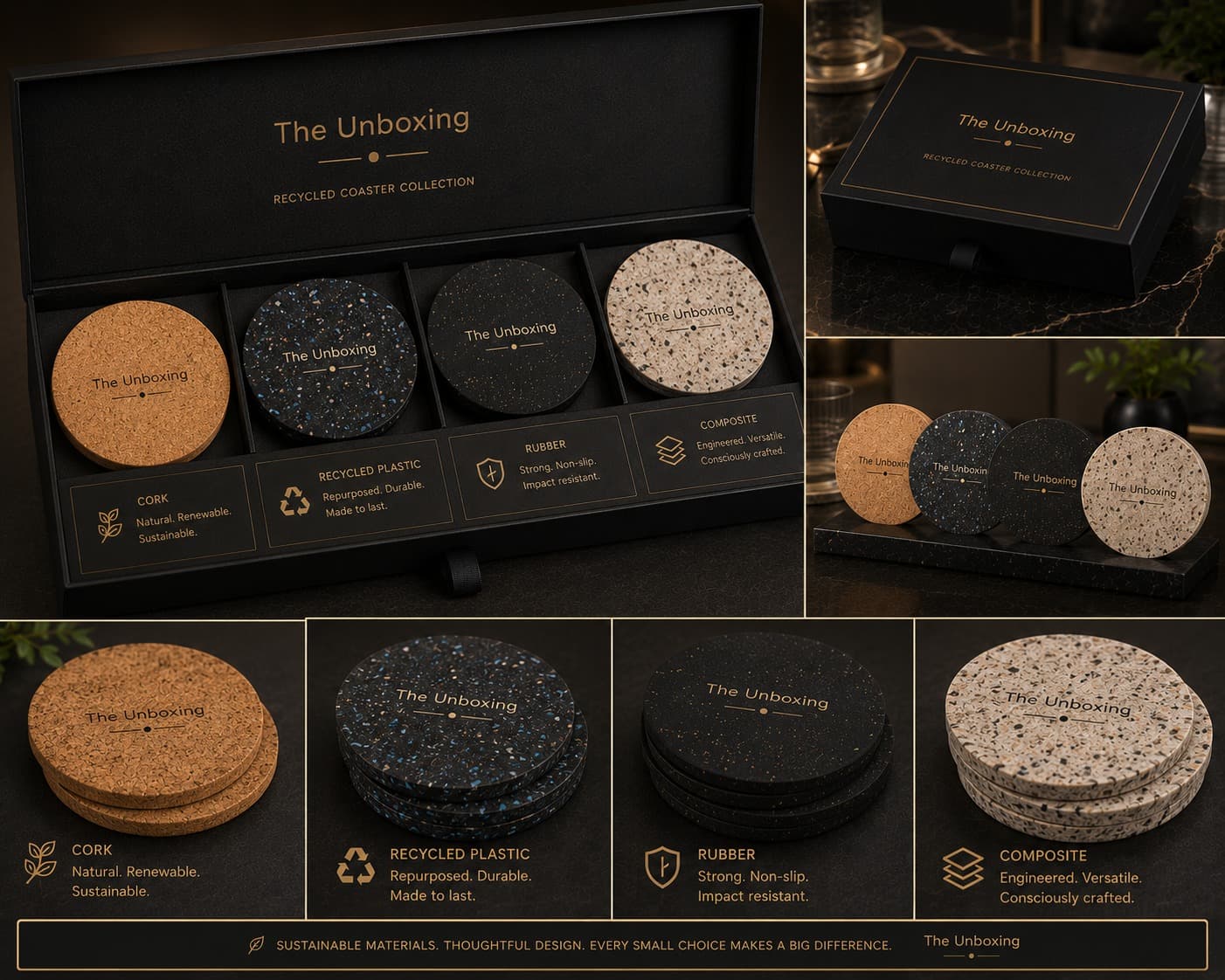 Recycled coaster collection in cork, plastic, rubber and composite