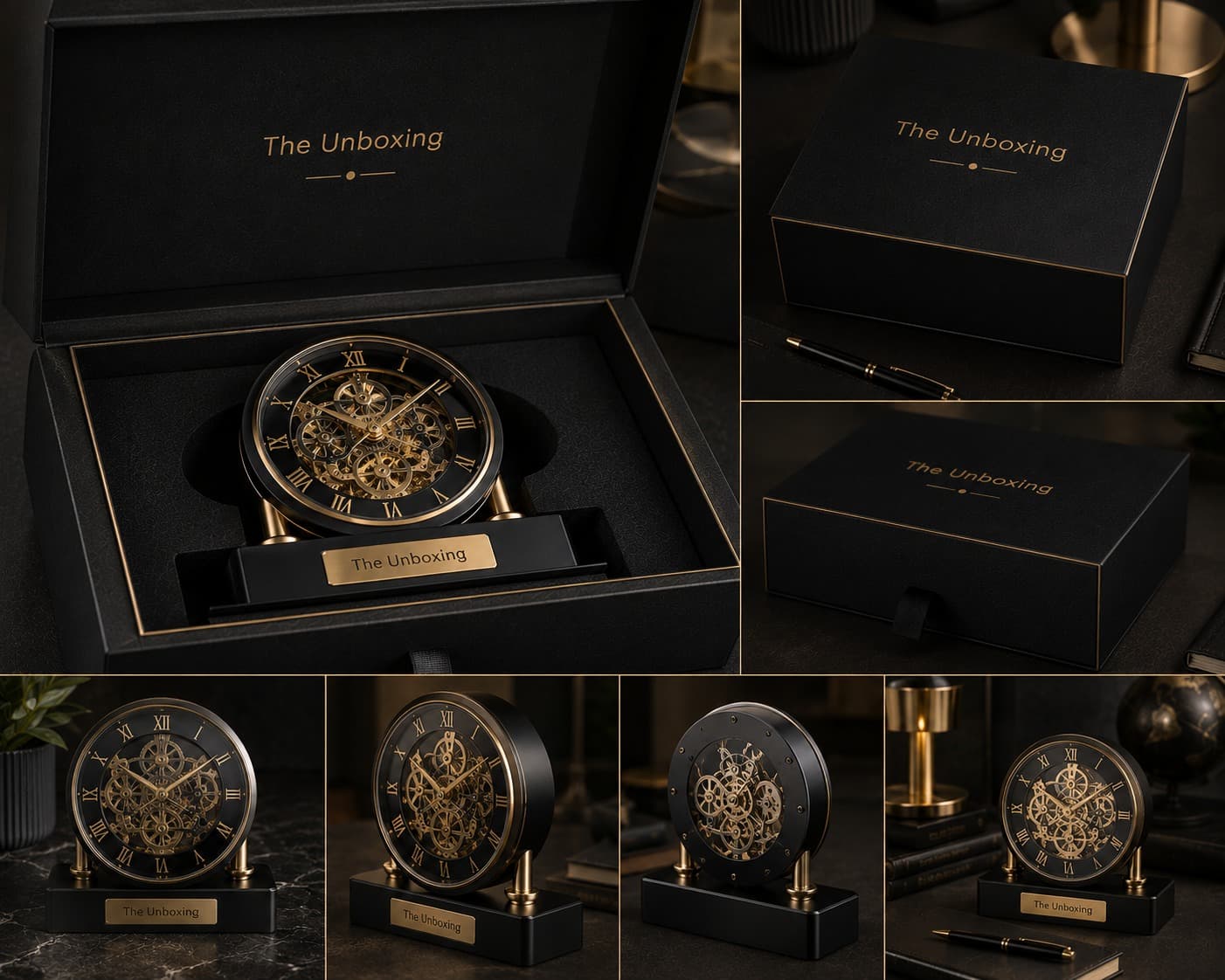 Mechanical executive desk clock in black and brass