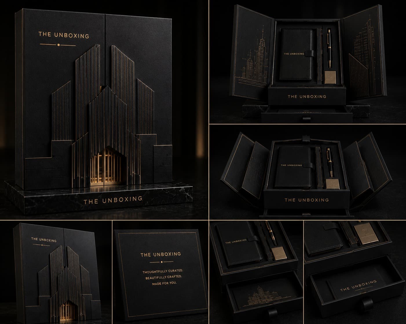 Architectural presentation box with gold cityscape detailing
