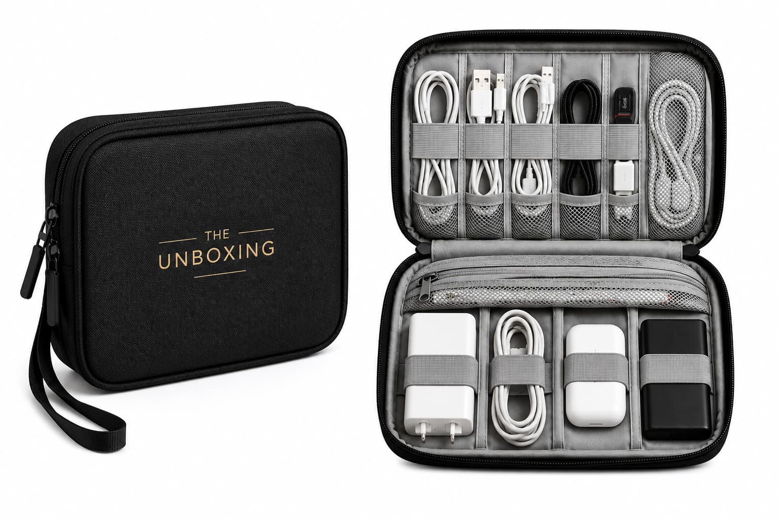 Tech organizer case with cables, chargers and everyday work accessories