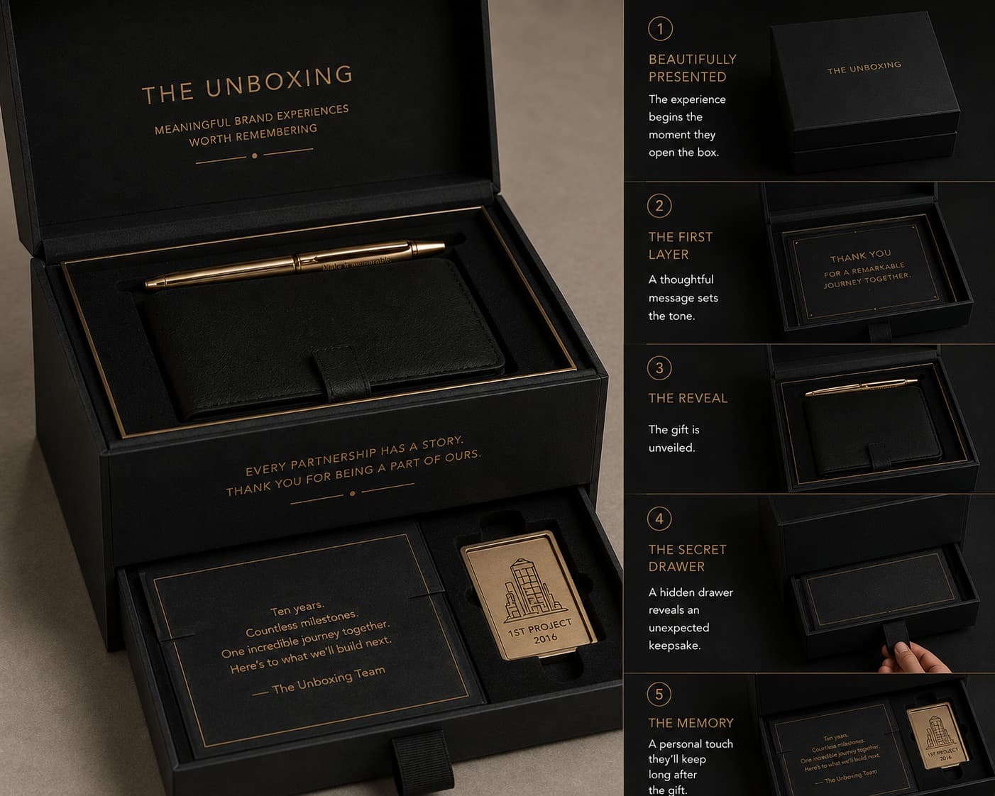 Five-step unboxing sequence with a hidden drawer reveal