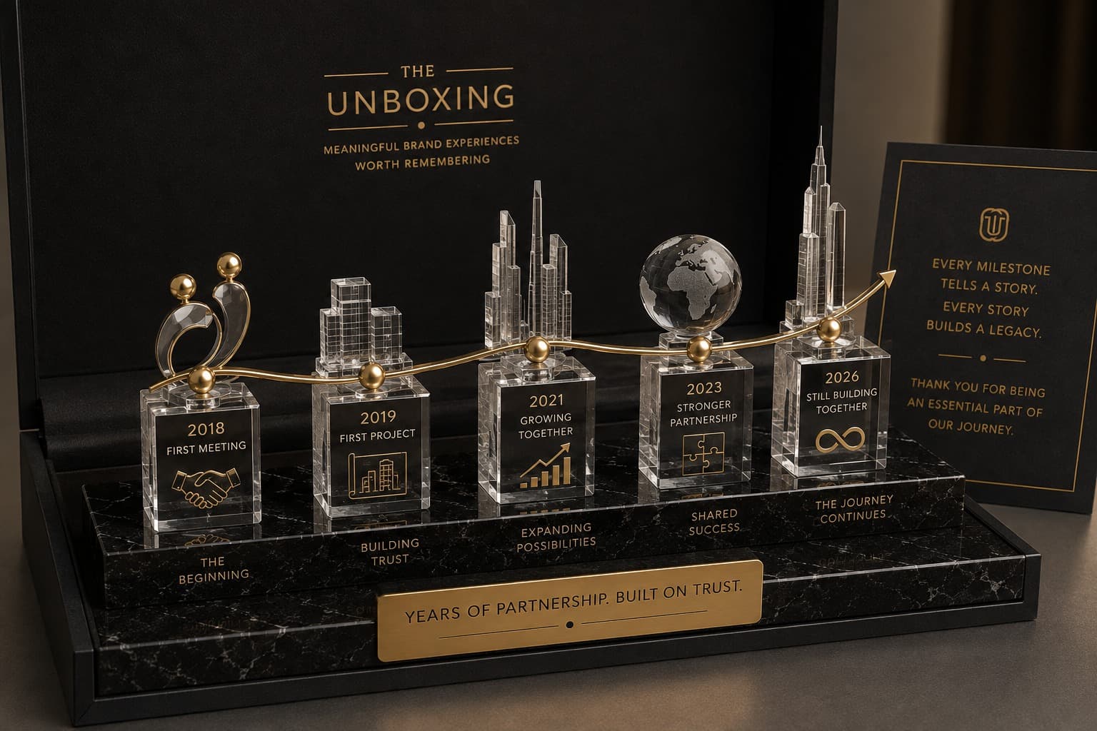 Crystal partnership timeline celebrating years of client milestones