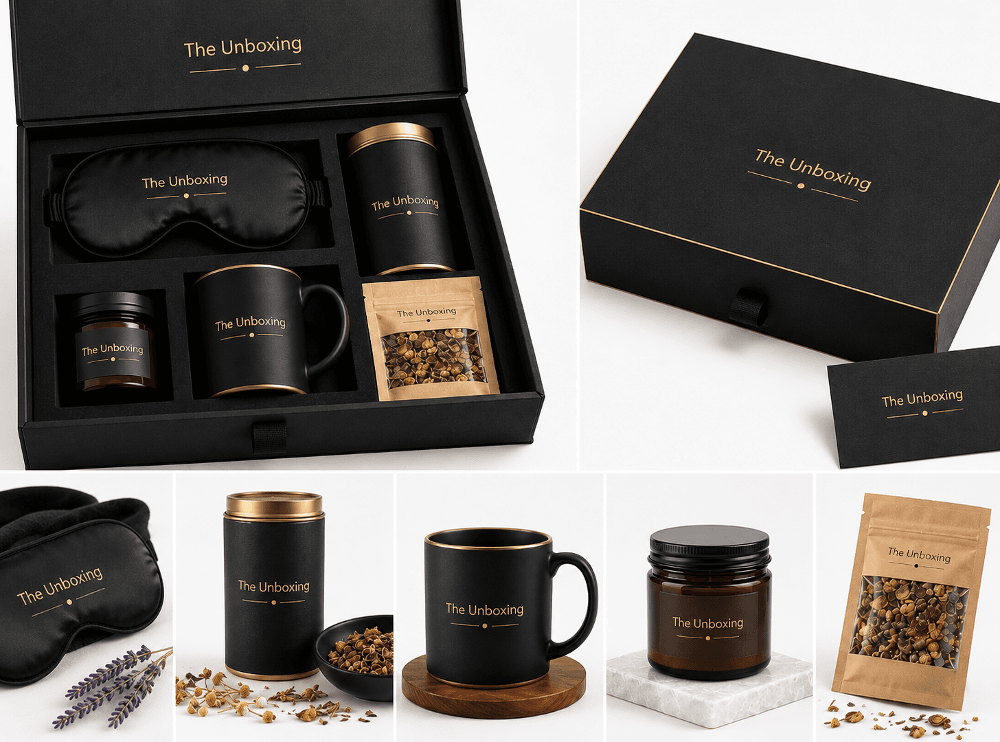 Wellness kit with eye mask, tea, mug and home fragrance