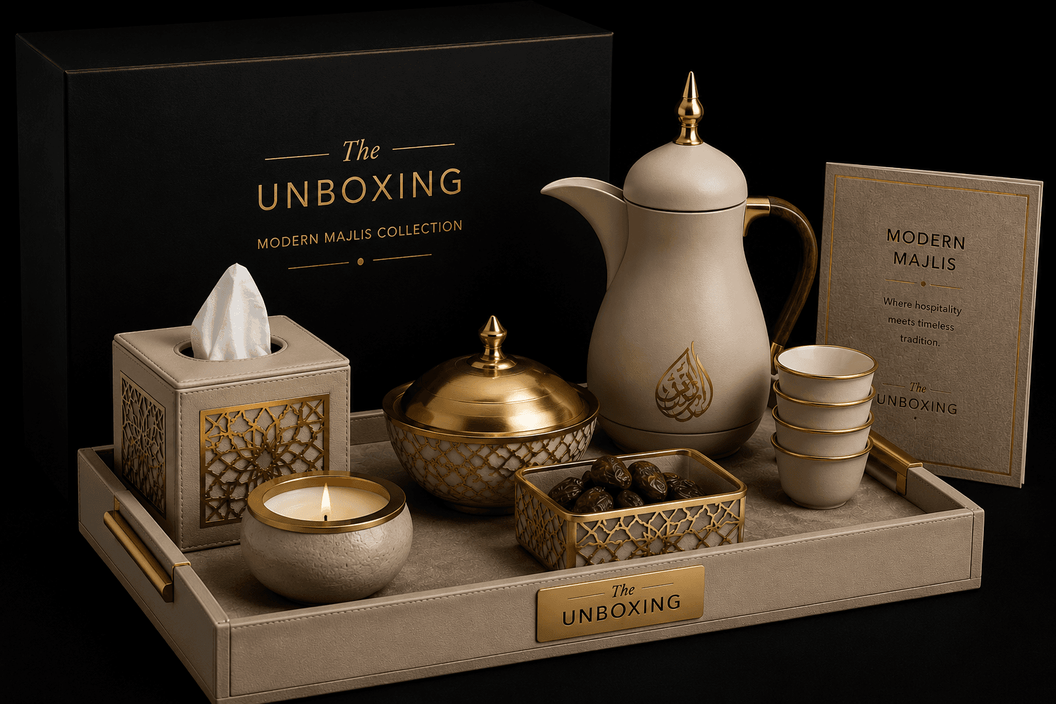 Modern majlis collection with Arabic coffee, dates and hospitality pieces
