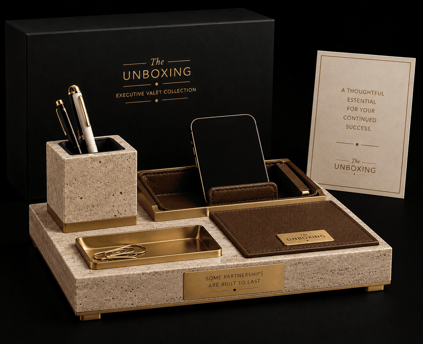 A refined executive desk collection combining <strong>natural stone, leather and brass accents</strong> to create a sophisticated workspace designed for lasting impressions.
