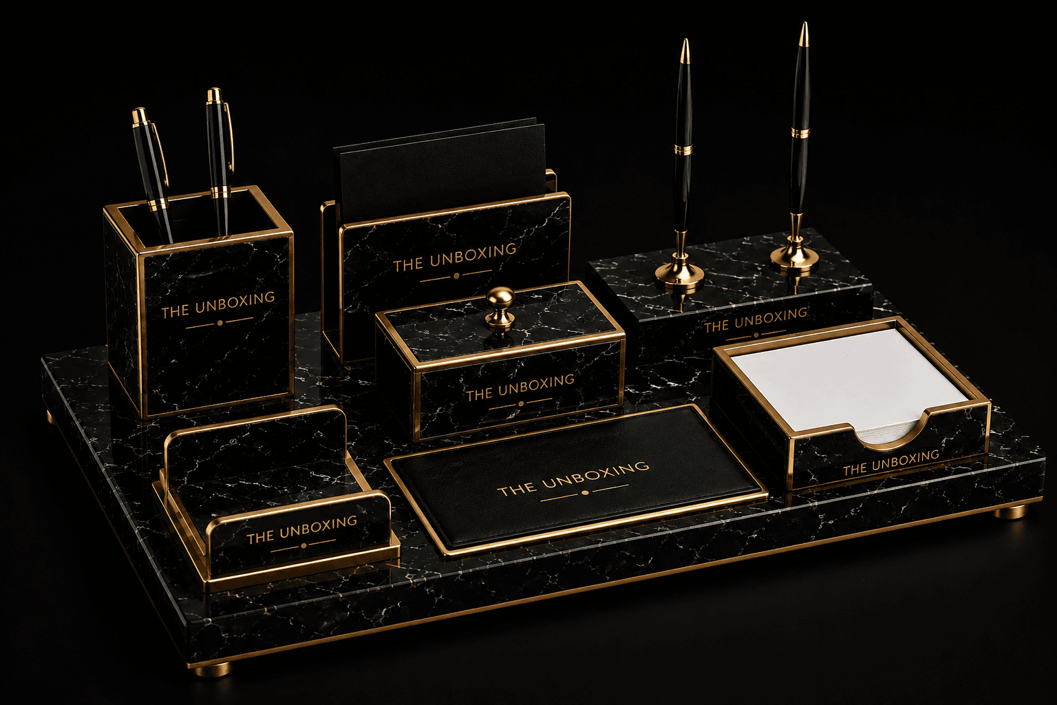 Marble executive desk set with gold-trimmed accessories